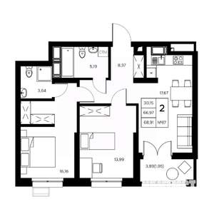 2-к квартира, вторичка, 69м2, 15/21 этаж