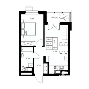 1-к квартира, вторичка, 52м2, 13/21 этаж