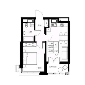 1-к квартира, вторичка, 47м2, 5/21 этаж