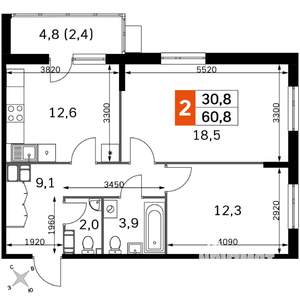 2-к квартира, вторичка, 61м2, 22/22 этаж