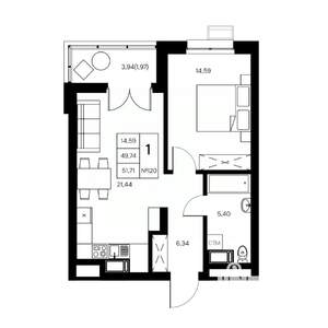 1-к квартира, вторичка, 52м2, 6/21 этаж