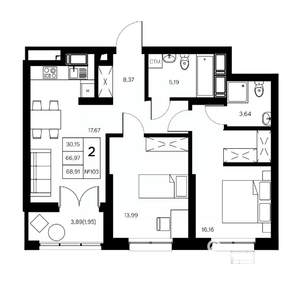 2-к квартира, вторичка, 69м2, 2/21 этаж