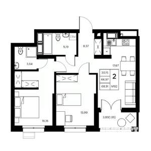 2-к квартира, вторичка, 69м2, 18/21 этаж
