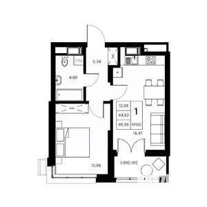 1-к квартира, вторичка, 47м2, 18/21 этаж