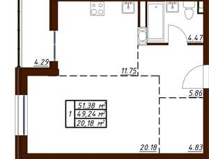 1-к квартира, вторичка, 51м2, 18/19 этаж