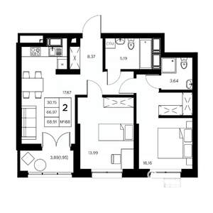 2-к квартира, вторичка, 69м2, 19/21 этаж