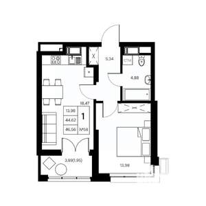 1-к квартира, вторичка, 47м2, 13/21 этаж