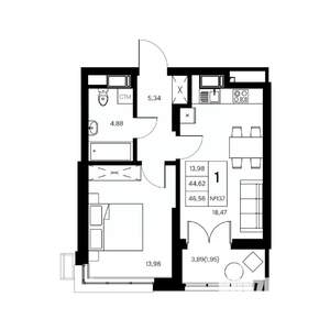 1-к квартира, вторичка, 47м2, 9/21 этаж