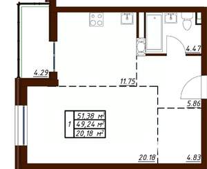 1-к квартира, вторичка, 51м2, 3/19 этаж