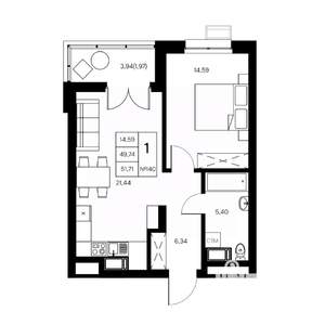 1-к квартира, вторичка, 52м2, 10/21 этаж