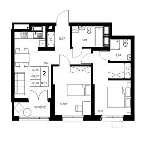 2-к квартира, вторичка, 69м2, 4/21 этаж