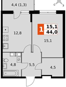 1-к квартира, вторичка, 44м2, 5/24 этаж