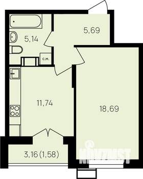 1-к квартира, вторичка, 44м2, 13/19 этаж