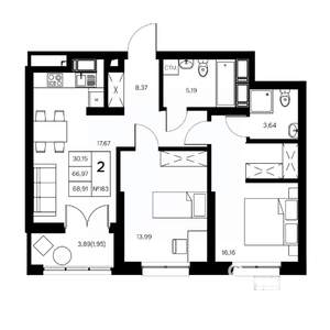 2-к квартира, вторичка, 69м2, 18/21 этаж