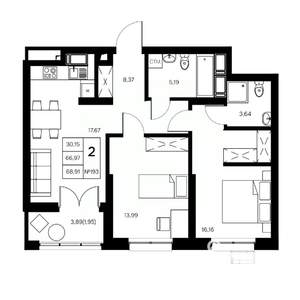 2-к квартира, вторичка, 69м2, 20/21 этаж