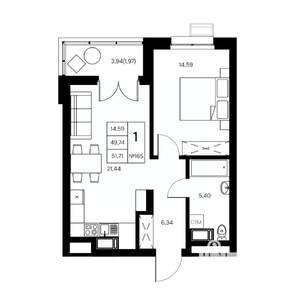 1-к квартира, вторичка, 52м2, 15/21 этаж