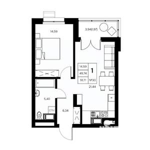 1-к квартира, вторичка, 52м2, 7/21 этаж