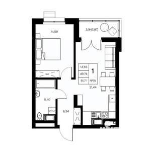 1-к квартира, вторичка, 52м2, 16/21 этаж