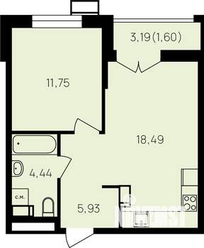 1-к квартира, вторичка, 44м2, 15/19 этаж