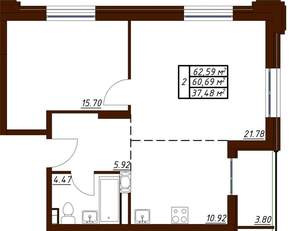 2-к квартира, вторичка, 63м2, 6/19 этаж