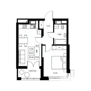 1-к квартира, вторичка, 47м2, 15/21 этаж
