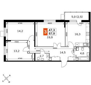 3-к квартира, вторичка, 88м2, 9/22 этаж
