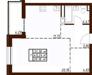 1-к квартира, вторичка, 51м2, 7/19 этаж