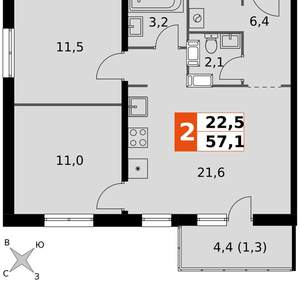2-к квартира, вторичка, 57м2, 19/24 этаж