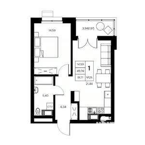1-к квартира, вторичка, 52м2, 6/21 этаж