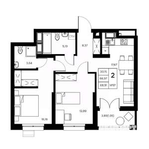 2-к квартира, вторичка, 69м2, 21/21 этаж