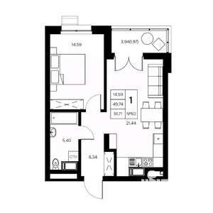 1-к квартира, вторичка, 52м2, 11/21 этаж