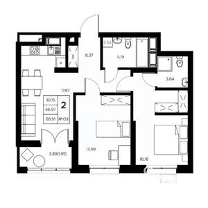 2-к квартира, вторичка, 69м2, 8/21 этаж