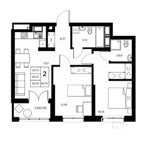 2-к квартира, вторичка, 69м2, 16/21 этаж