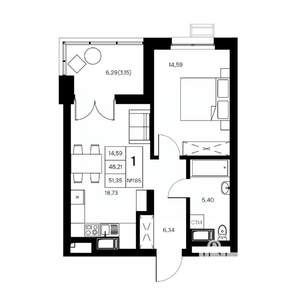 1-к квартира, вторичка, 51м2, 19/21 этаж
