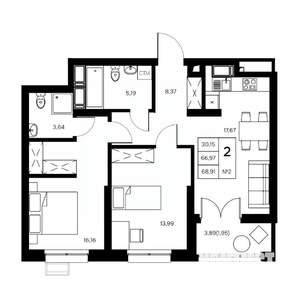 2-к квартира, вторичка, 69м2, 2/21 этаж