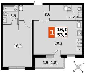 1-к квартира, вторичка, 54м2, 22/24 этаж
