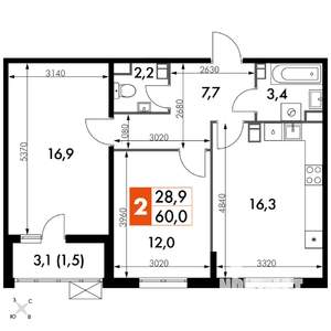 2-к квартира, вторичка, 60м2, 9/24 этаж