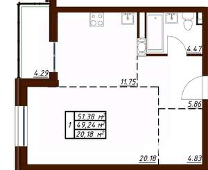 1-к квартира, вторичка, 51м2, 12/19 этаж