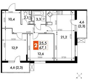 2-к квартира, вторичка, 67м2, 22/25 этаж
