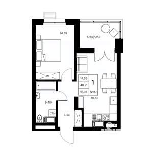 1-к квартира, вторичка, 51м2, 19/21 этаж