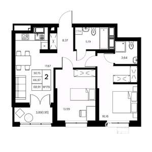 2-к квартира, вторичка, 70м2, 17/21 этаж