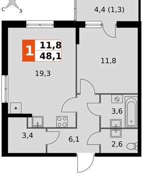 1-к квартира, вторичка, 48м2, 1/24 этаж