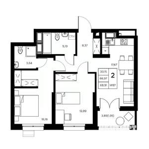 2-к квартира, вторичка, 69м2, 19/21 этаж