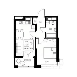 1-к квартира, вторичка, 47м2, 9/21 этаж