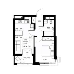 1-к квартира, вторичка, 47м2, 4/21 этаж
