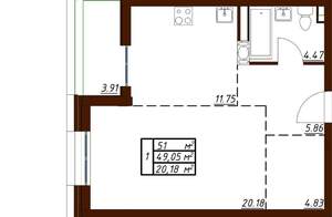 1-к квартира, вторичка, 51м2, 2/19 этаж