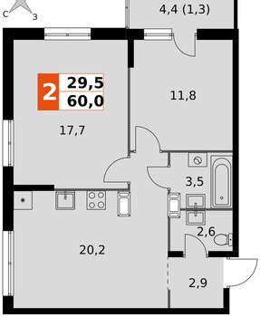 2-к квартира, вторичка, 60м2, 12/24 этаж