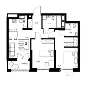 2-к квартира, вторичка, 69м2, 15/21 этаж