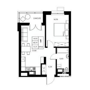 1-к квартира, вторичка, 52м2, 2/21 этаж