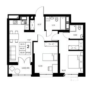2-к квартира, вторичка, 69м2, 3/21 этаж